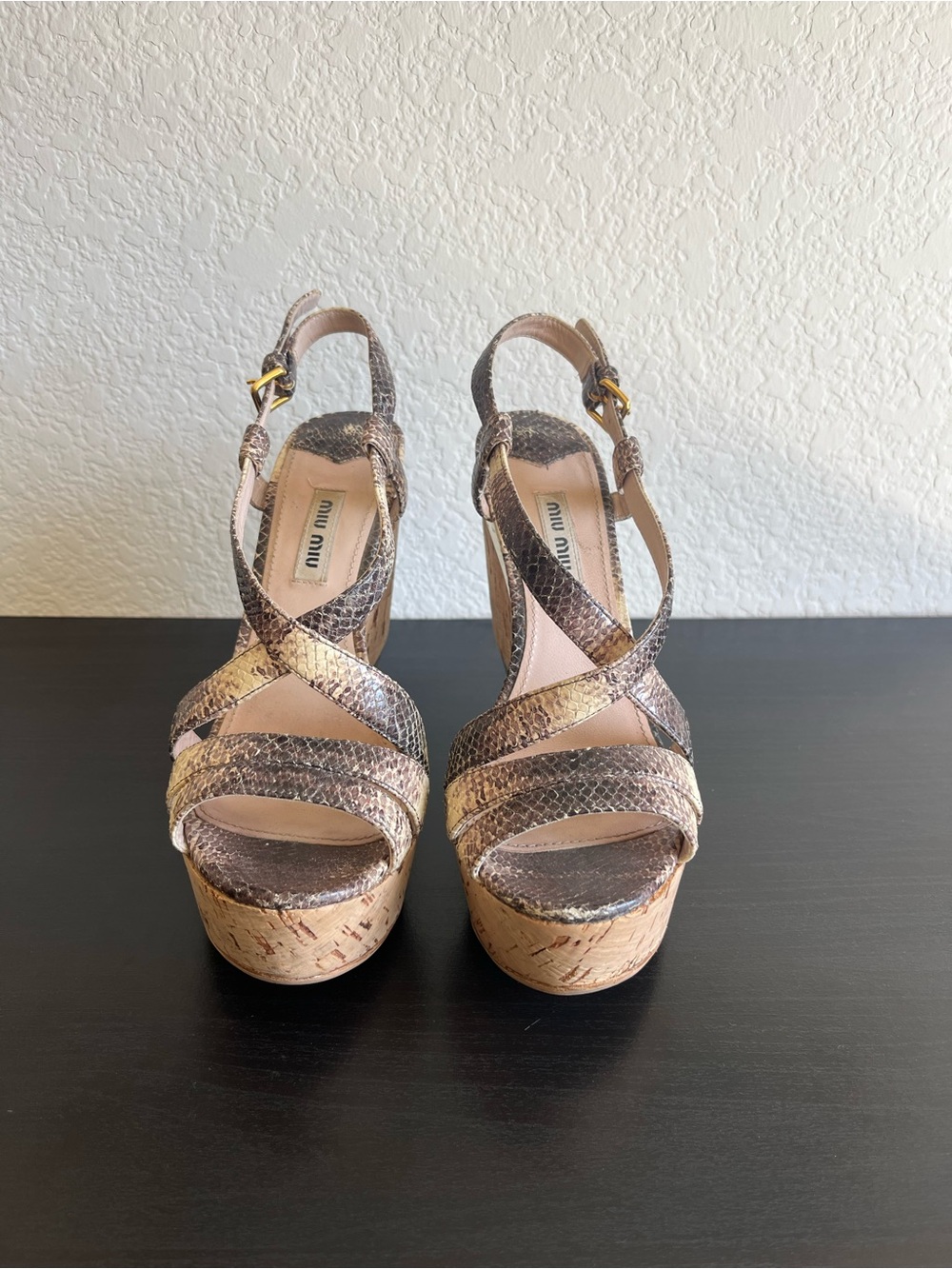 Miu Miu Rose Gold Snake-Print Cork Platform Sandals